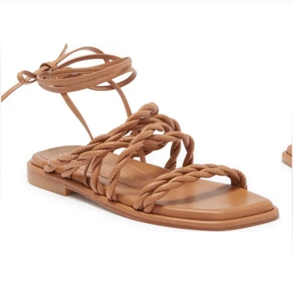 Stuart Weitzman Braided Leather Lace-Up Sandal in Tan